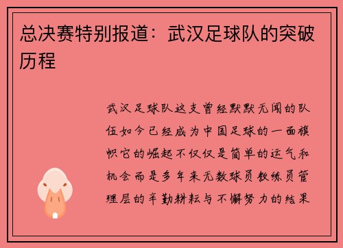 总决赛特别报道：武汉足球队的突破历程