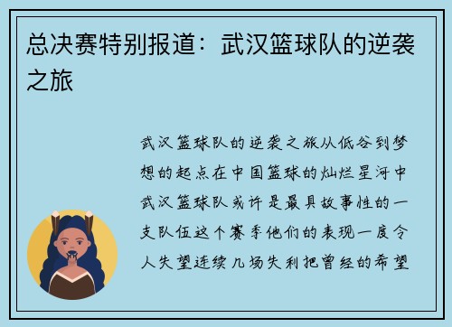 总决赛特别报道：武汉篮球队的逆袭之旅