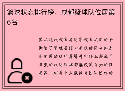 篮球状态排行榜：成都篮球队位居第6名